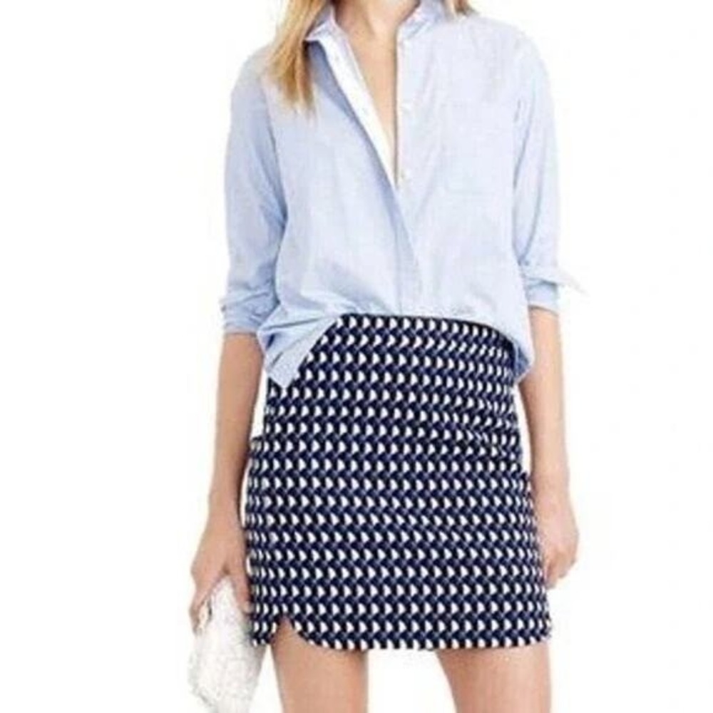 J.Crew Women Navy Blue White Geometric Jacquard Mini Skirt Size 8 Side Slit